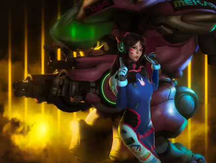 HD PC desktop wallpaper featuring a woman cosplaying as D.Va from Overwatch, standing confidently in front of her mech with vibrant lighting and smoky background.