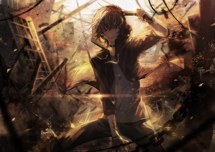 HD anime original artwork of a dark-haired character in a dynamic pose amid shattered glass and glowing embers, designed as a PC desktop wallpaper background.