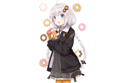 HD PC desktop wallpaper background: anime Vocaloid girl with white braid and blue eyes holding a pink donut, floating donuts around.
