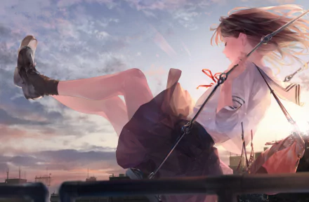 HD wallpaper of an anime girl swinging against a serene sunset sky background. Her hair flows in the wind, and she wears a school uniform. The detailed artwork makes this a captivating desktop background.