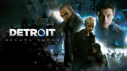 HD desktop wallpaper from the video game Detroit: Become Human featuring key characters set against a futuristic cityscape backdrop.