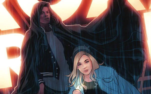 HD desktop wallpaper featuring the animated characters Cloak & Dagger with a dynamic, light-infused background.