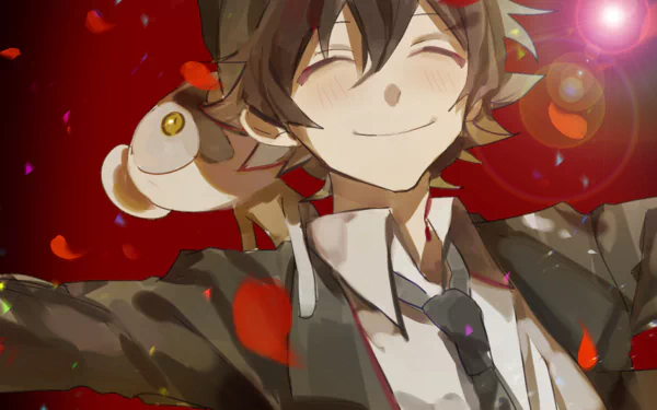 HD PC desktop wallpaper of Leonardo Watch (Blood Blockade Battlefront) smiling with Sonic Speed Monkey on his shoulder, red petals drifting and a glowing light behind him.