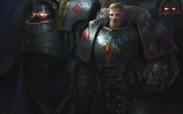 HD desktop wallpaper featuring a Warhammer 40k Space Marine warrior in detailed armor, illuminated against a dark background, capturing the intensity of the video game universe.