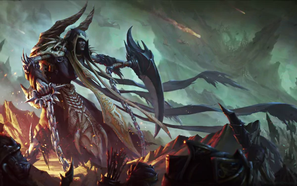 A dark, menacing warrior with horned armor and a massive weapon stands amid a fiery, chaotic battlefield in this 4K Ultra HD PC desktop wallpaper.