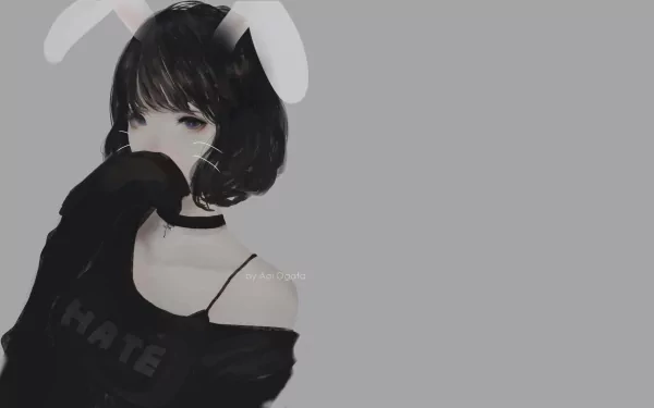 Anime-style HD desktop wallpaper featuring a short-haired character with black hair, black eyes, and white bunny ears on a minimal gray background.