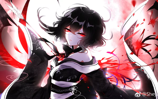 Nue Houjuu (Touhou) HD PC desktop wallpaper: dark-haired, red-eyed anime girl in a striped kimono with swirling red-black wings and ribbons on a dramatic red-and-white background.
