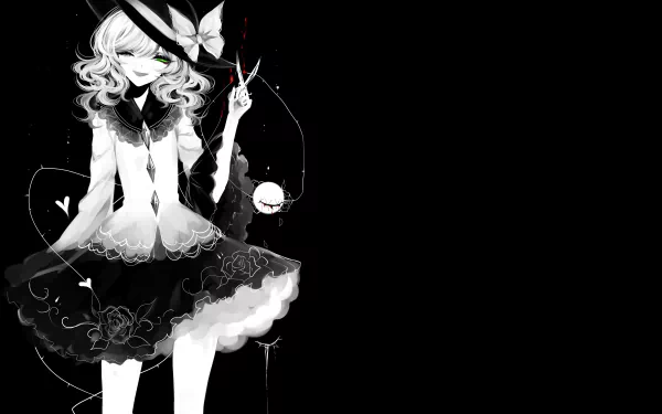 Monochrome 4K Ultra HD anime desktop wallpaper of Koishi Komeiji (Touhou): stylized girl in frilled dress, ribbon, and floating charm on a stark black backdrop.