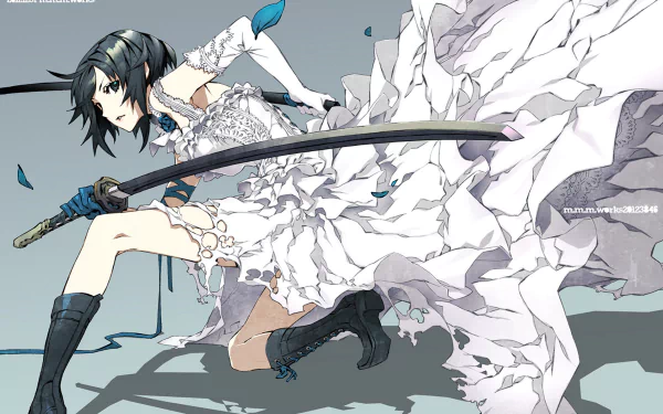 Anime character Naoto Fuyumine from Dogs: Bullets & Carnage in an action pose, holding a sword, with an HD desktop wallpaper and background.