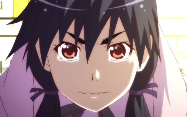 HD PC desktop wallpaper of Suruga Kanbaru from the Monogatari series: close-up anime portrait with determined expression and teary brown eyes, soft pastel background.