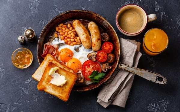 Food Breakfast Still Life Coffee Cup Egg Sausage Juice Toast HD Wallpaper | Background Image