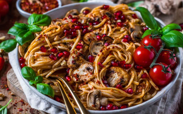 HD desktop wallpaper featuring a vibrant pasta meal with tomatoes, mushrooms, basil, and pomegranate seeds, capturing rich colors and fresh ingredients.