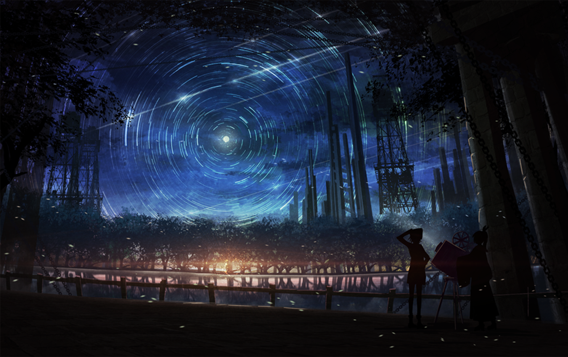 A stunning HD Anime wallpaper featuring an original scene. Two silhouetted figures overlook a mystical cityscape under a mesmerizing night sky with swirling stars.
