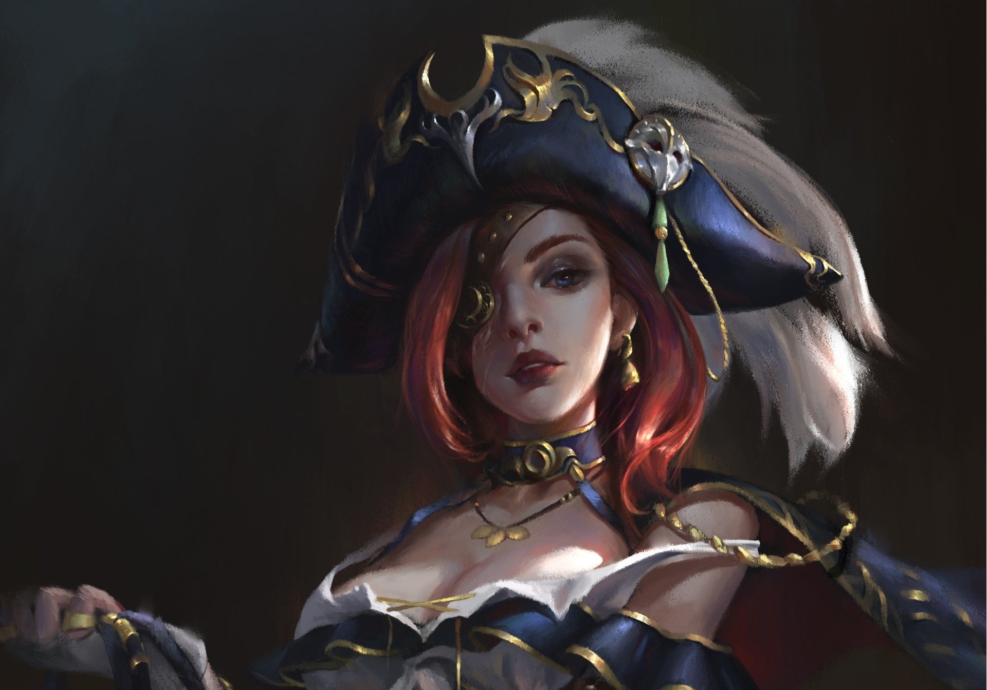 HD PC desktop wallpaper of Miss Fortune (League of Legends), video game art of the red-haired pirate captain in an ornate hat and armor with dramatic lighting.