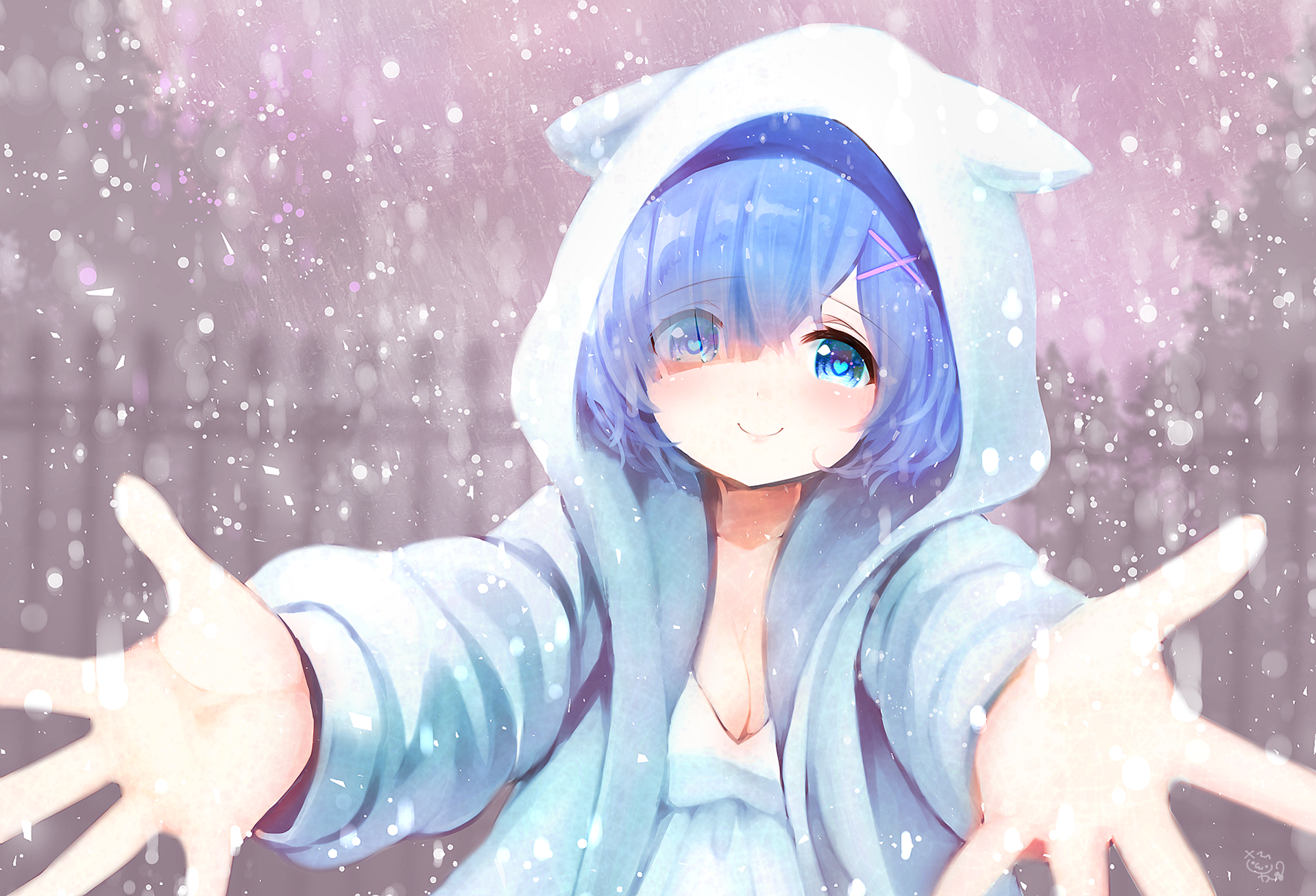 HD PC desktop wallpaper featuring Rem from the anime Re:Zero - Starting Life in Another World, wearing a cozy white hooded outfit with snow falling around her.