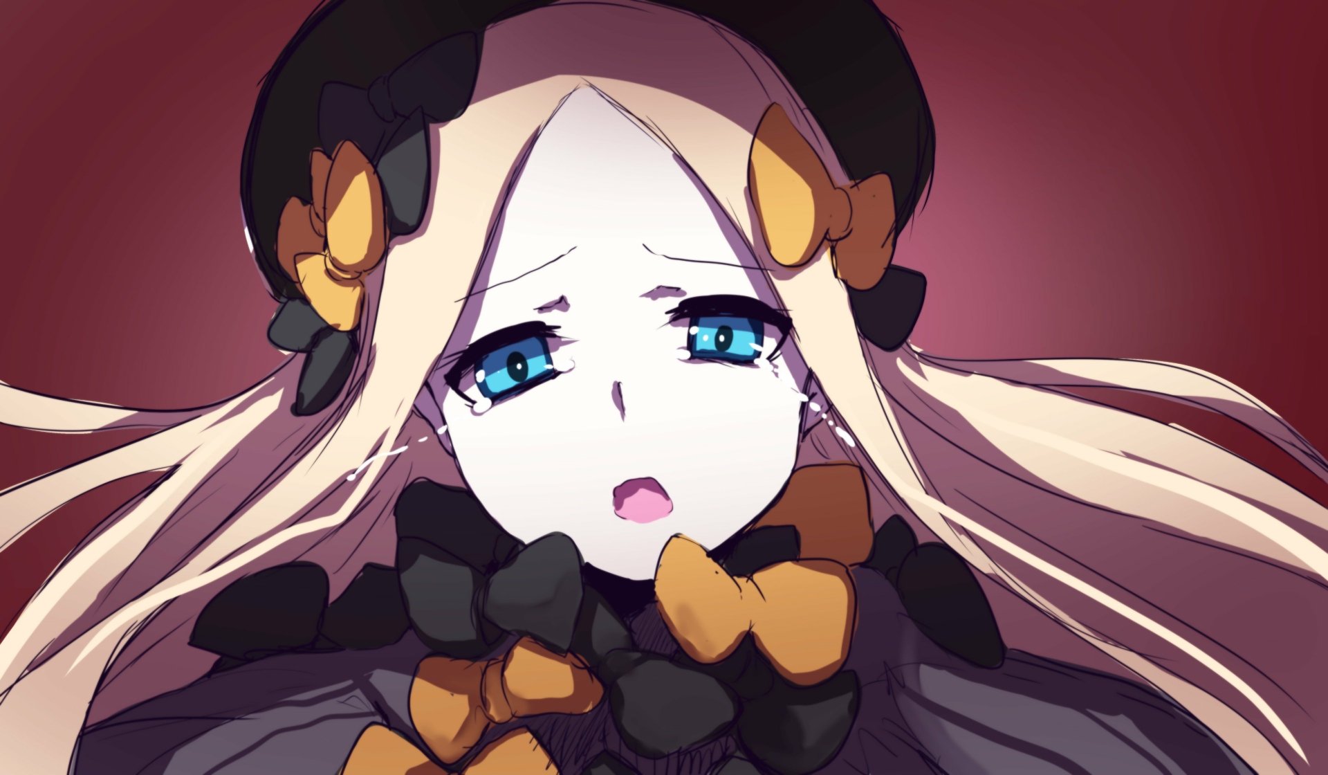Close-up of Abigail Williams from Fate/Grand Order, anime-style 4K Ultra HD desktop wallpaper: wide-eyed, pale-faced girl with long blonde hair, blue eyes, black bonnet and orange ribbon accents.