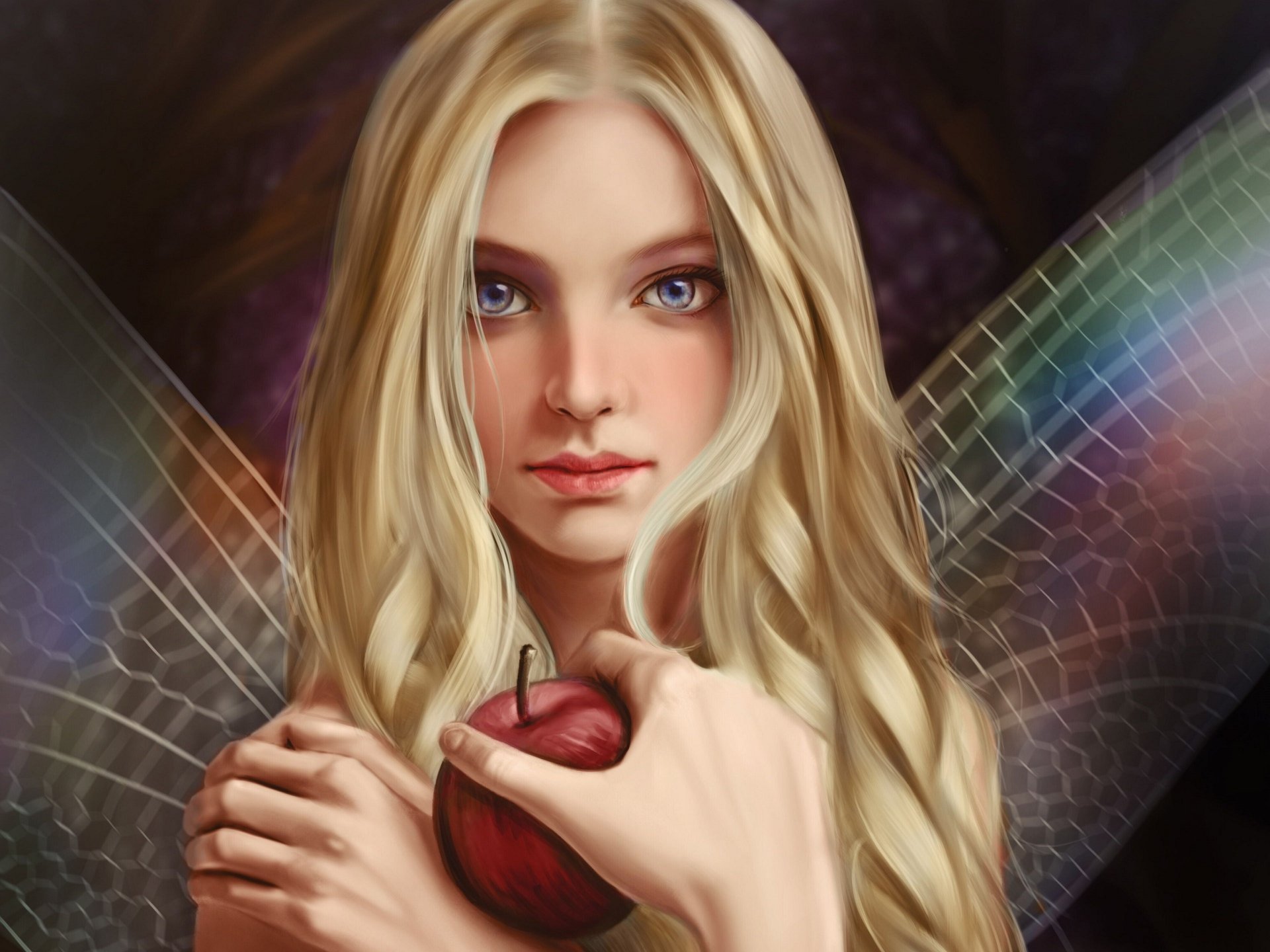 2K Quad HD PC desktop wallpaper: a blonde, long-haired fairy with blue eyes and iridescent wings, gently clutching a red apple.