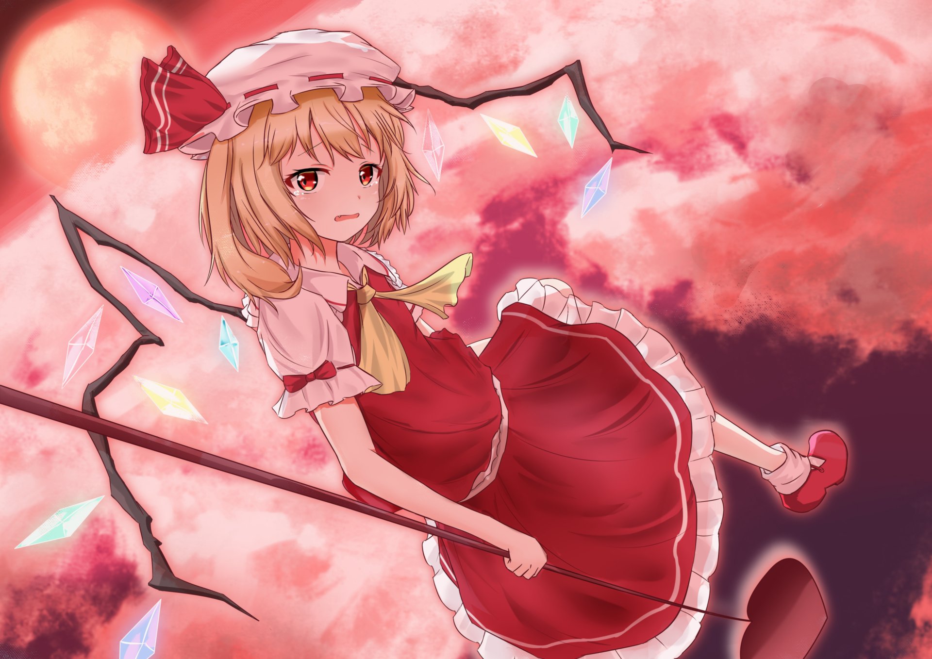 Flandre Scarlet (Touhou) anime illustration: blonde girl in a red frilled dress with crystal-winged staff, floating amid pink-red clouds — 4K Ultra HD PC desktop wallpaper/background.