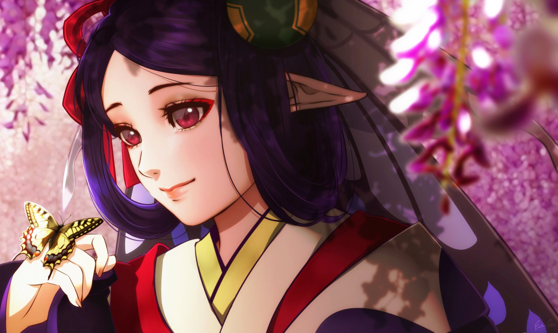 HD PC wallpaper: Onmyoji character — a fantasy woman with purple hair, red eyes and pointed ears, gently holding a butterfly amid cascading wisteria blossoms.