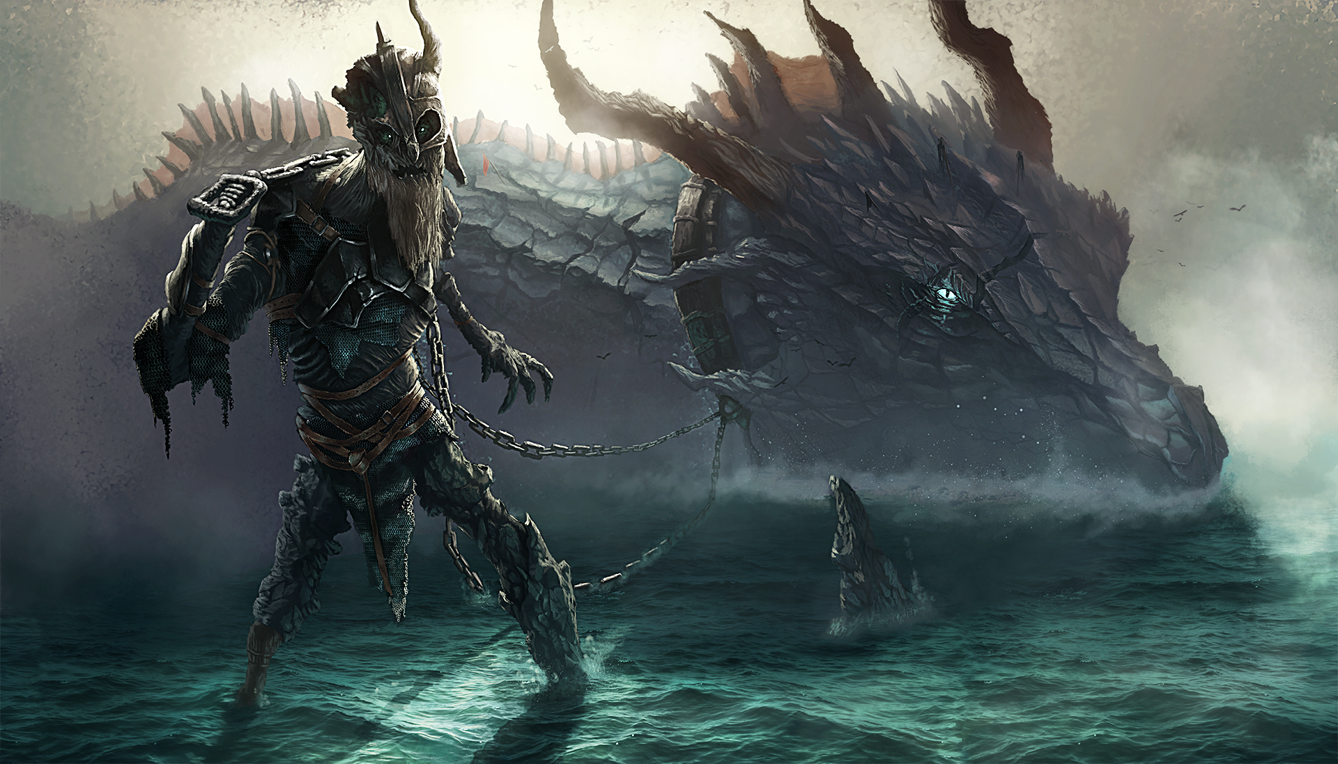 HD fantasy desktop wallpaper featuring an undead warrior standing in water with a massive dragon looming behind in a dark, misty atmosphere.