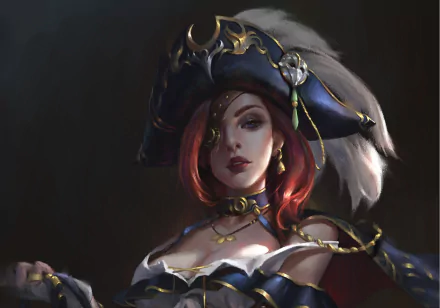 HD PC desktop wallpaper of Miss Fortune (League of Legends), video game art of the red-haired pirate captain in an ornate hat and armor with dramatic lighting.