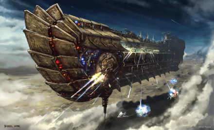 HD PC desktop wallpaper featuring a steampunk spaceship from the video game Bulletstorm, soaring above clouds with weaponry firing in a dynamic aerial battle scene.