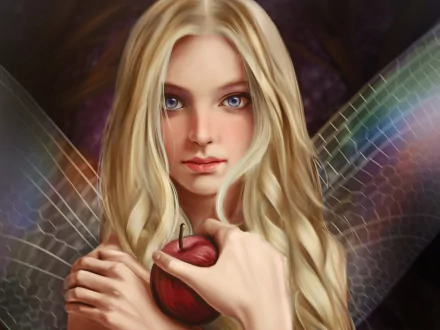 2K Quad HD PC desktop wallpaper: a blonde, long-haired fairy with blue eyes and iridescent wings, gently clutching a red apple.