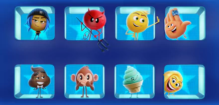 An 8K Ultra HD PC wallpaper featuring characters from The Emoji Movie including Ice Cream, Poop, Hi-5, Gene, Devil, Smiler, and Jailbreak in vibrant blue frames.