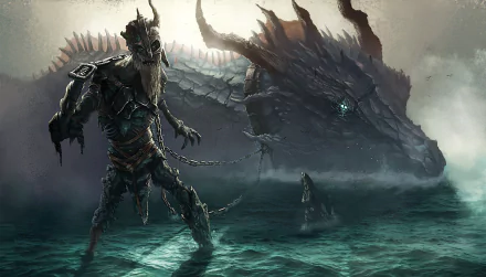 HD fantasy desktop wallpaper featuring an undead warrior standing in water with a massive dragon looming behind in a dark, misty atmosphere.