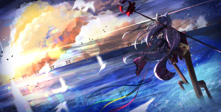 HD anime-style original artwork of a dynamic character wielding a spear against a vibrant sky and ocean backdrop, designed as a PC desktop wallpaper.
