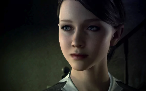 Close-up portrait of Kara (Detroit: Become Human), soft-lit android face against a dark backdrop — 4K Ultra HD PC desktop wallpaper background from the Detroit: Become Human video game.