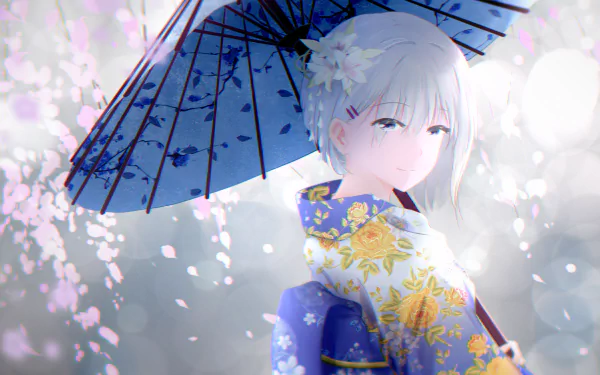 A serene anime character with long white hair and grey eyes smiles under a blue parasol. Dressed in an elegant kimono, cherry blossoms surround her in this HD desktop wallpaper.