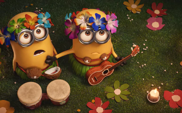 HD PC desktop wallpaper featuring two Minions from Despicable Me 3 dressed in Hawaiian attire, one playing drums and the other holding a ukulele surrounded by colorful flowers.