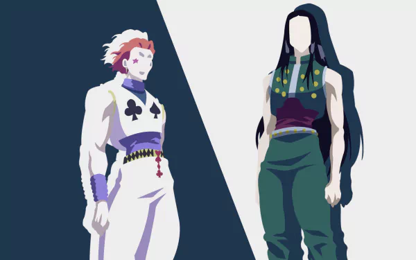 Minimalist HD desktop wallpaper featuring Illumi Zoldyck and Hisoka from Hunter x Hunter. The image showcases a clean and simple design with distinct, bold colors highlighting the characters.