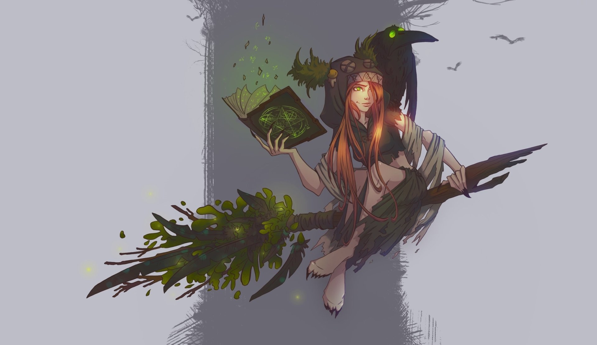 A fantasy HD desktop wallpaper featuring a long-haired orange-haired witch with green eyes, holding a book and broom, accompanied by a raven.