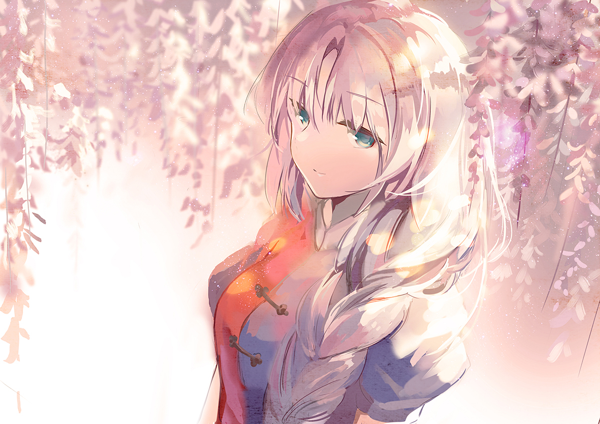 Eirin Yagokoro from Touhou is depicted in a softly lit anime HD desktop wallpaper, surrounded by delicate hanging blossoms with a serene expression.