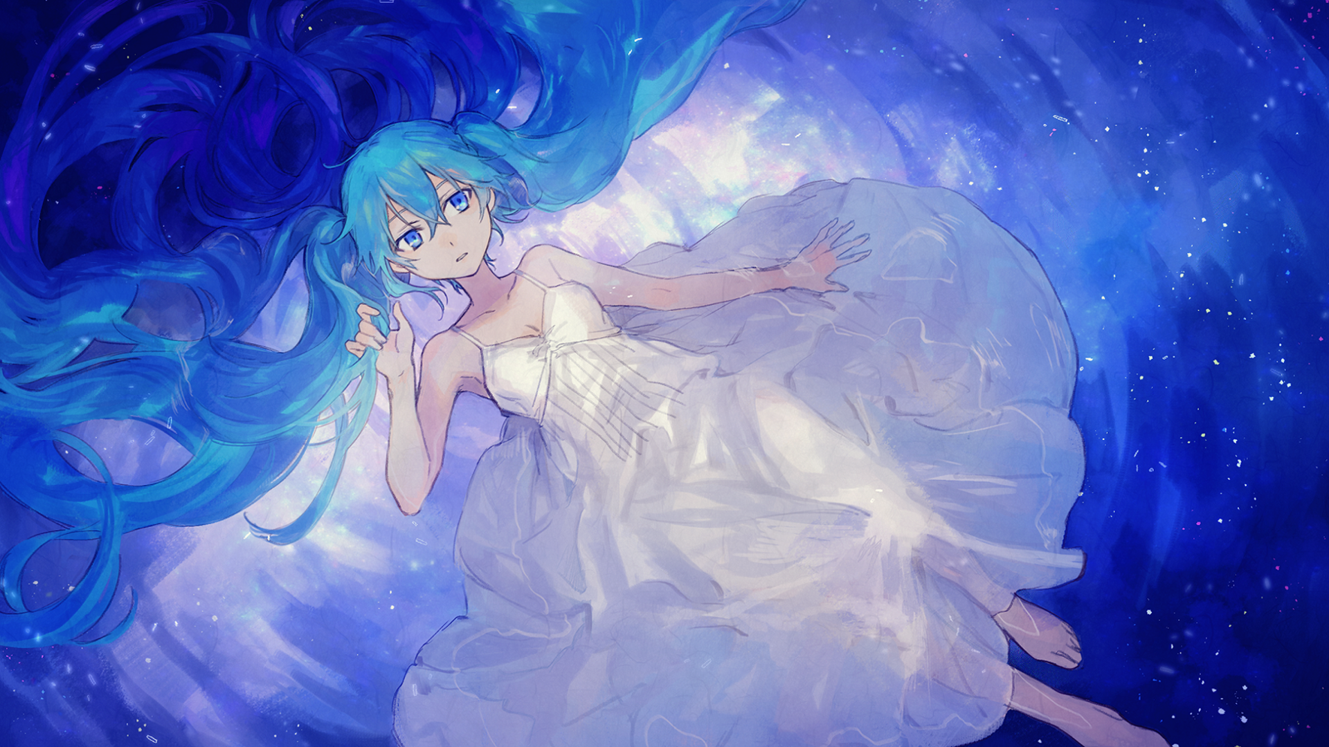 HD PC desktop wallpaper featuring Hatsune Miku from Vocaloid in an elegant white dress, surrounded by a dreamy, starry blue background in anime style.