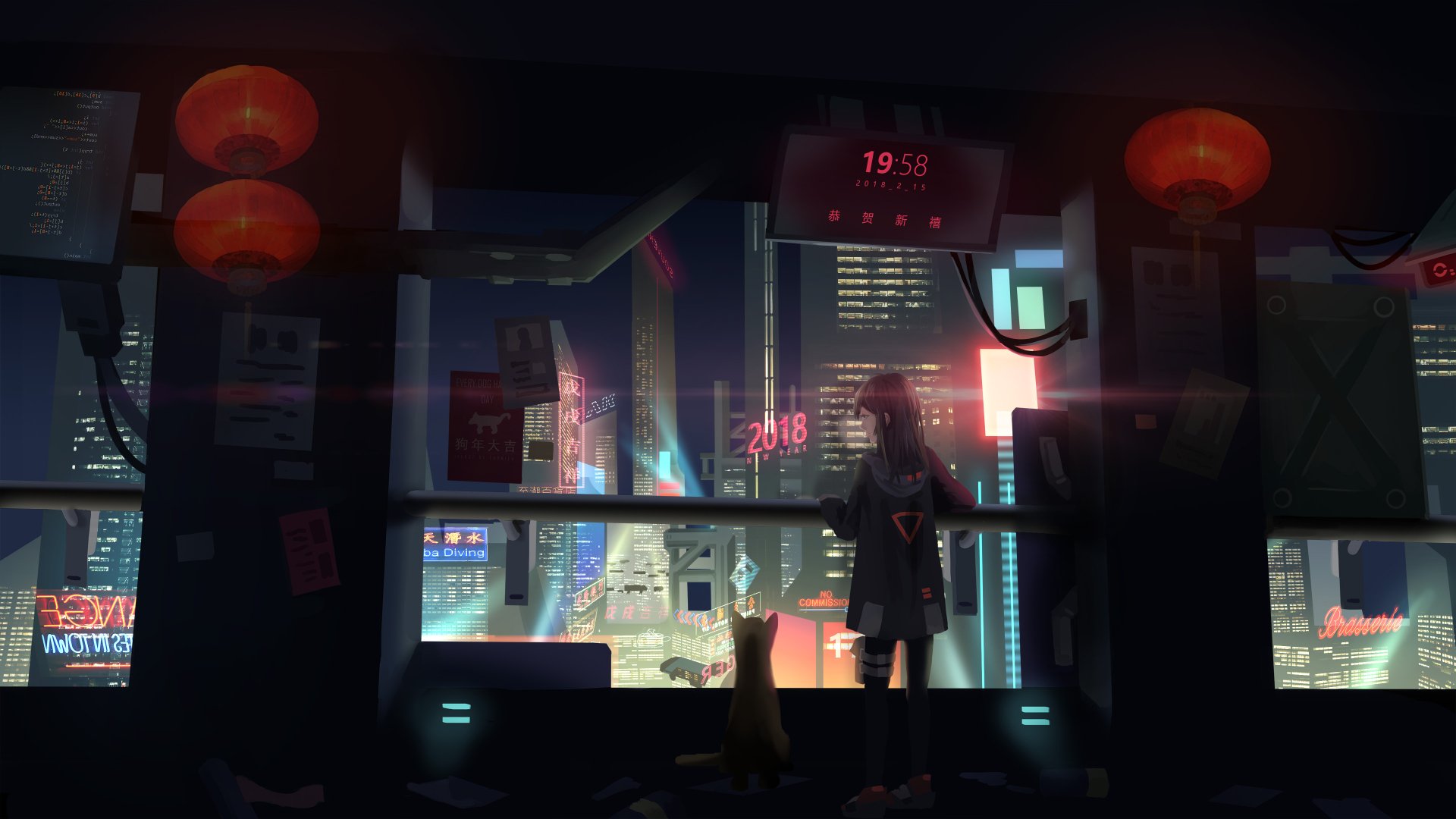 A cyberpunk-themed HD wallpaper featuring an anime character and a cat overlooking a futuristic cityscape decorated for New Year. Red lanterns illuminate the room, adding to the vibrant atmosphere.