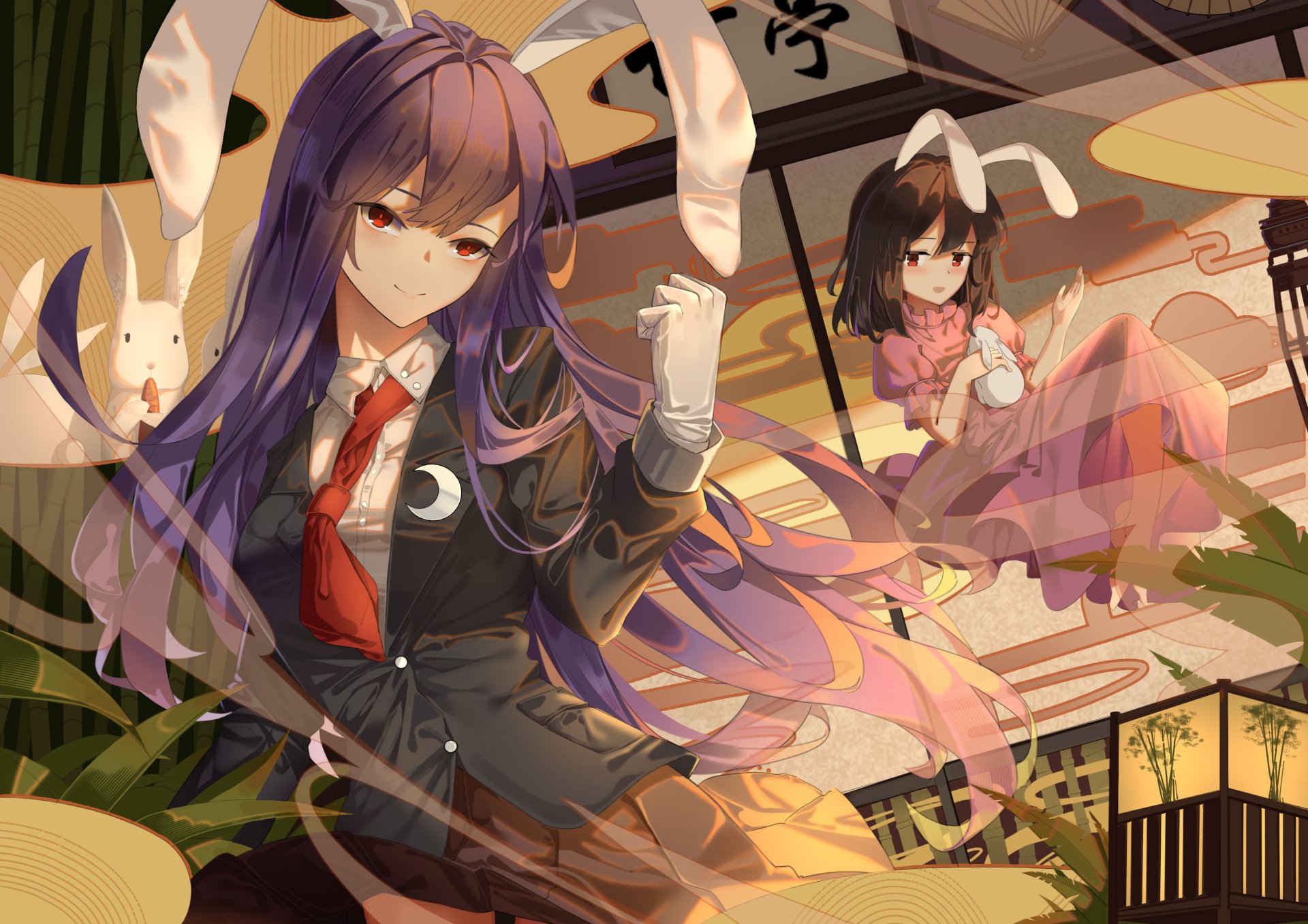 Anime HD desktop wallpaper featuring Tewi Inaba and Reisen Udongein Inaba from Touhou, showcasing dynamic poses and vibrant colors in a detailed background.