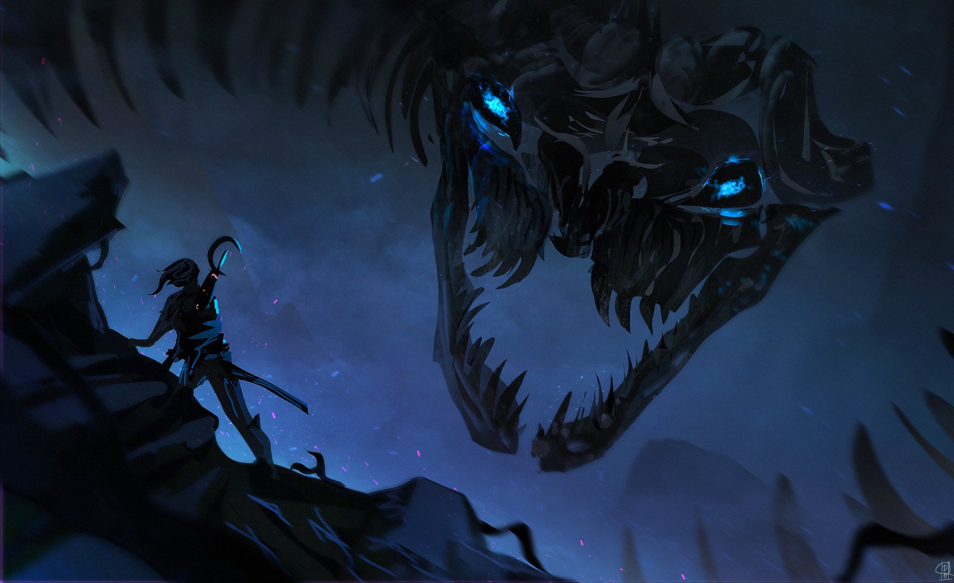 HD PC desktop wallpaper of a lone warrior confronting a massive dark creature with glowing blue eyes, jaws agape in a stormy, shadowed landscape background.