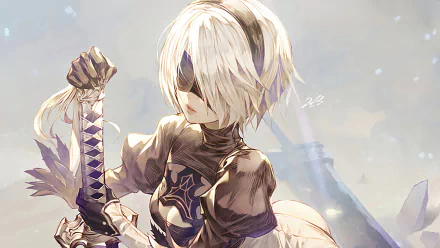 HD desktop wallpaper of YoRHa No.2 Type B from the video game NieR: Automata, featuring detailed artwork with the character holding a weapon.
