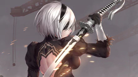 A captivating HD wallpaper featuring YoRHa No.2 Type B from the video game NieR: Automata, showcasing dynamic action and intricate character design.