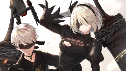 A dynamic HD wallpaper featuring YoRHa No.9 Type S and YoRHa No.2 Type B from the video game NieR: Automata, showcasing their striking designs and character traits.