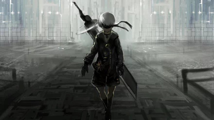 HD desktop wallpaper of YoRHa No.9 Type S from the video game NieR: Automata, showing the character in a futuristic environment with a large sword on their back.