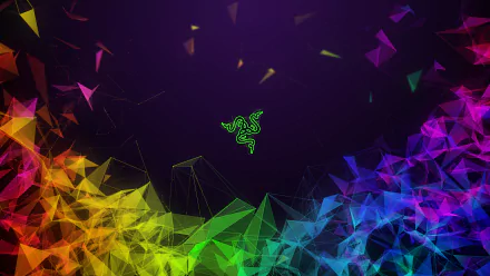 HD desktop wallpaper featuring Razer's green logo centered on a dark background, surrounded by vibrant RGB geometric shapes and technology-themed patterns.