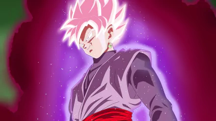 HD desktop wallpaper of Black Goku (Dragon Ball Super) in Super Saiyan Rosé form, glowing pink hair and aura, imposing stance against a cosmic purple background.