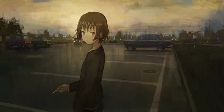 A brown-haired anime character with black eyes stands in a parking lot, casually holding a cigarette, with a vintage car in the background under a moody sky. HD desktop wallpaper.