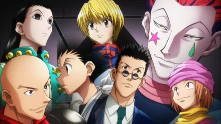 HD PC wallpaper featuring Irumi Zoldik, Hisoka, Leorio Paradinight, Kurapika, and Gon Freecss from the anime Hunter × Hunter.
