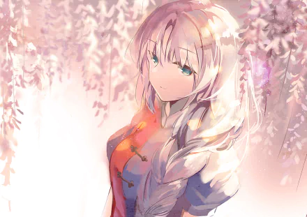 Eirin Yagokoro from Touhou is depicted in a softly lit anime HD desktop wallpaper, surrounded by delicate hanging blossoms with a serene expression.