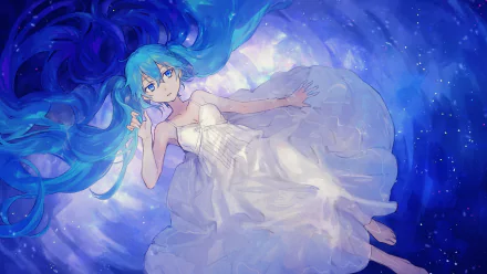 HD PC desktop wallpaper featuring Hatsune Miku from Vocaloid in an elegant white dress, surrounded by a dreamy, starry blue background in anime style.